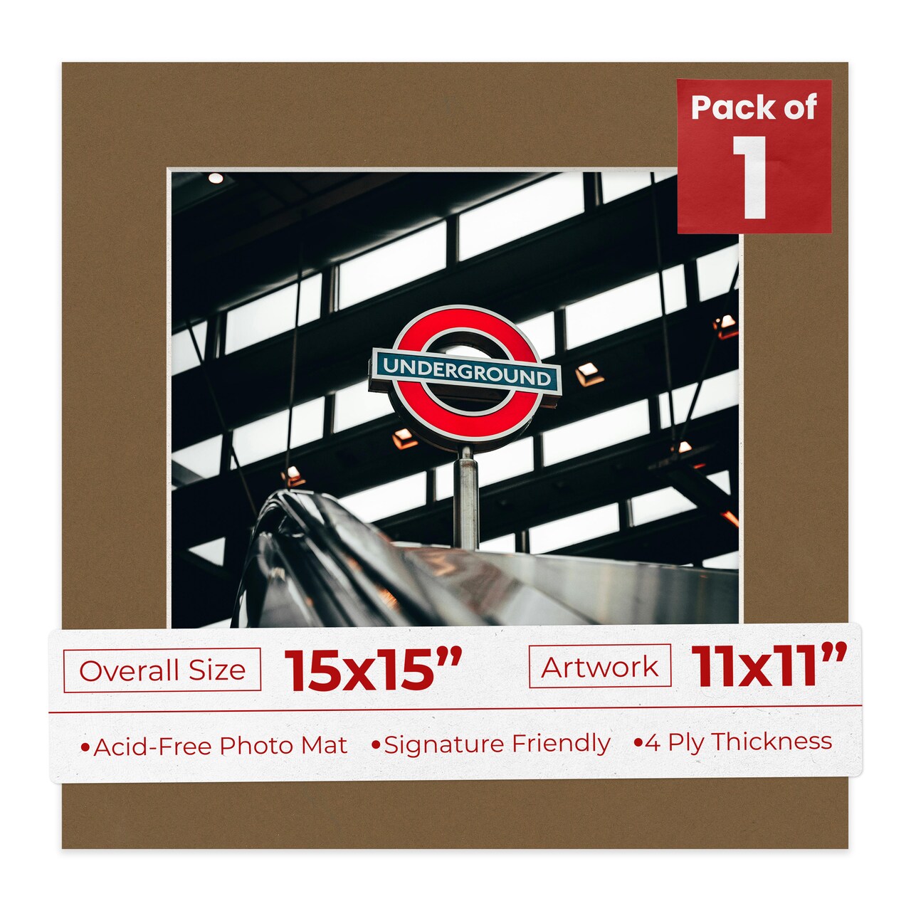 Aged Oak Brown Mat Board for 15x15 Frames - Fits 11x11 Photos